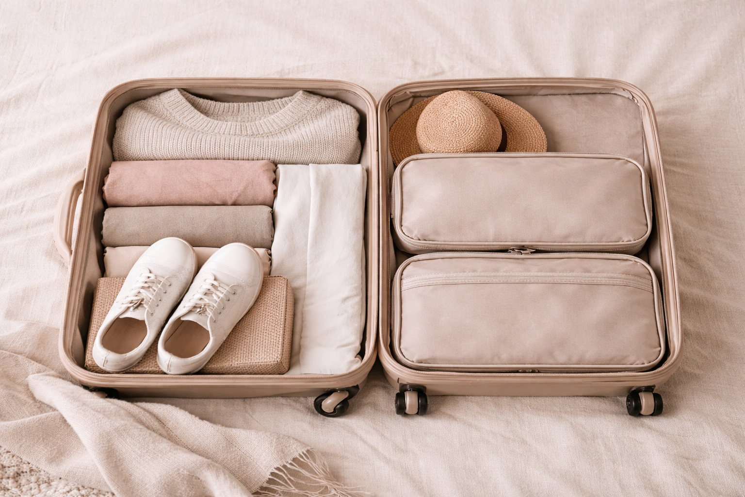Intentional travel packing essentials organized neatly in a neutral suitcase