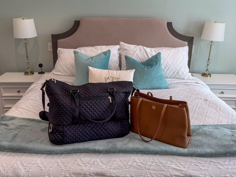 weekend trip packing list with tote bag and weekender bag