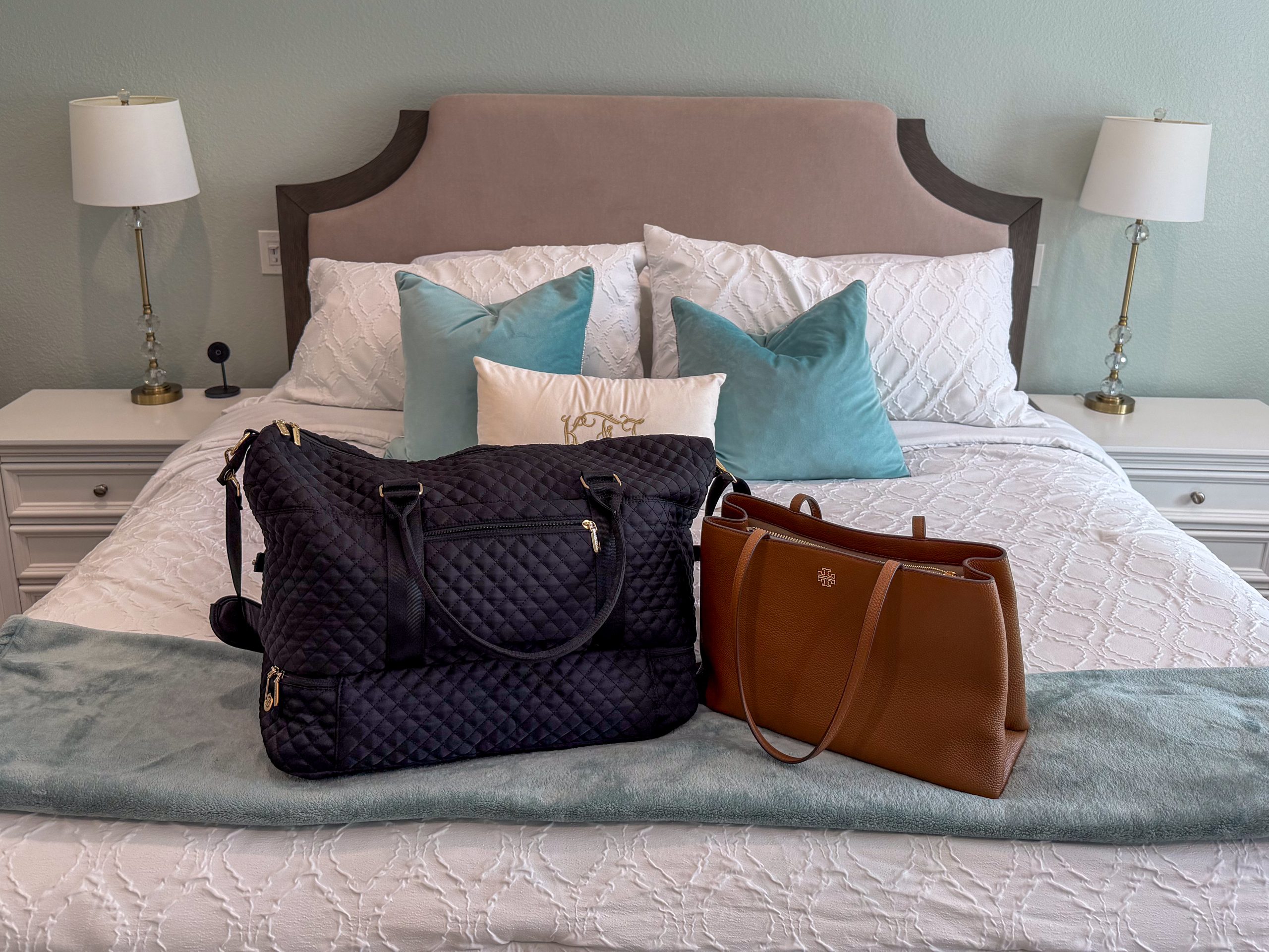 weekend trip packing list with tote bag and weekender bag