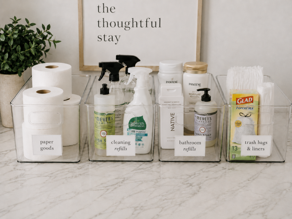 Bathroom refill supplies for an Airbnb owner closet organized in clear bins with toilet paper, toiletries, hand soap, and trash bags