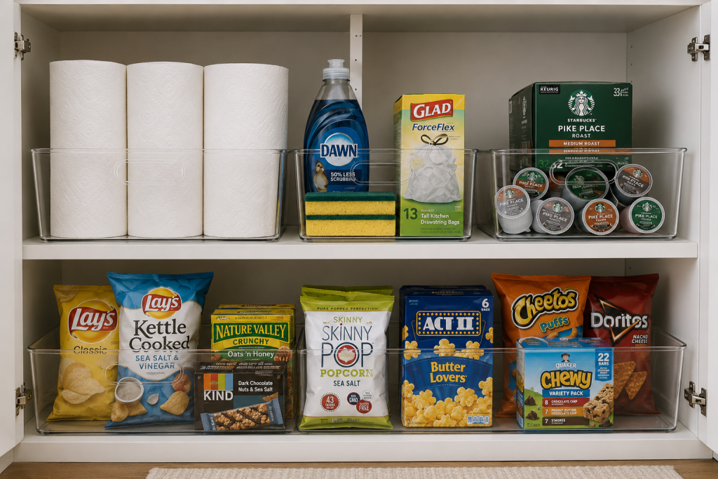 Airbnb kitchen restock supplies organized in cabinet bins with paper towels, trash bags, dish soap, sponges, coffee pods, and guest snacks