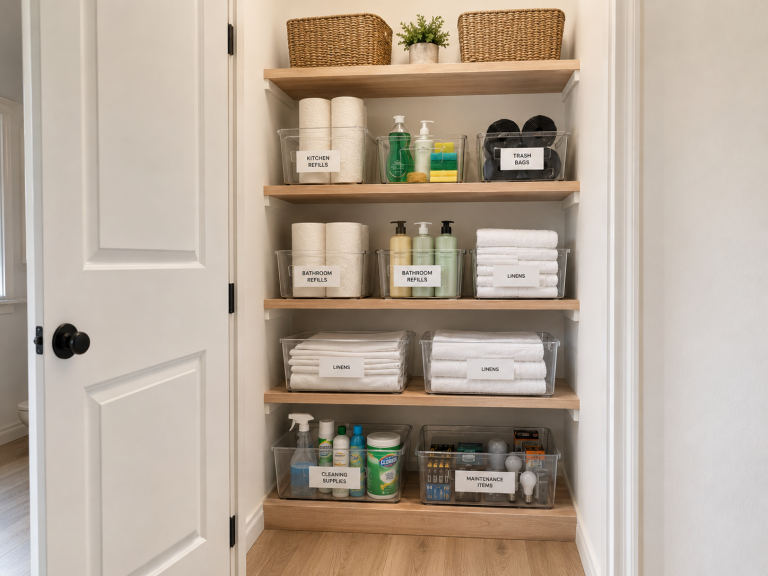 Organized Airbnb owner closet with labeled bins for linens, refills, cleaning supplies, and maintenance items